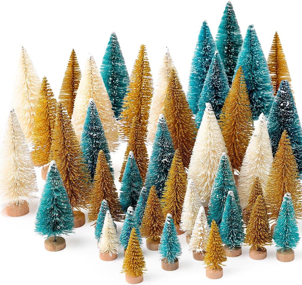 Skiennix Mini Christmas Trees - 30 Pcs Artificial Bottle Brush Trees with Wooden Base | 5 Sizes for Holiday Decor