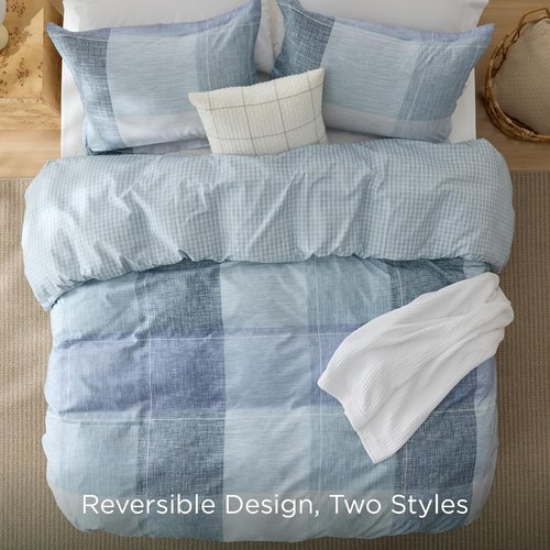 Bedsure Duvet Cover Set - Queen Size Gingham Reversible Buffalo Plaid in Blue | 3-Piece with Zipper Closure & 8 Corner Ties