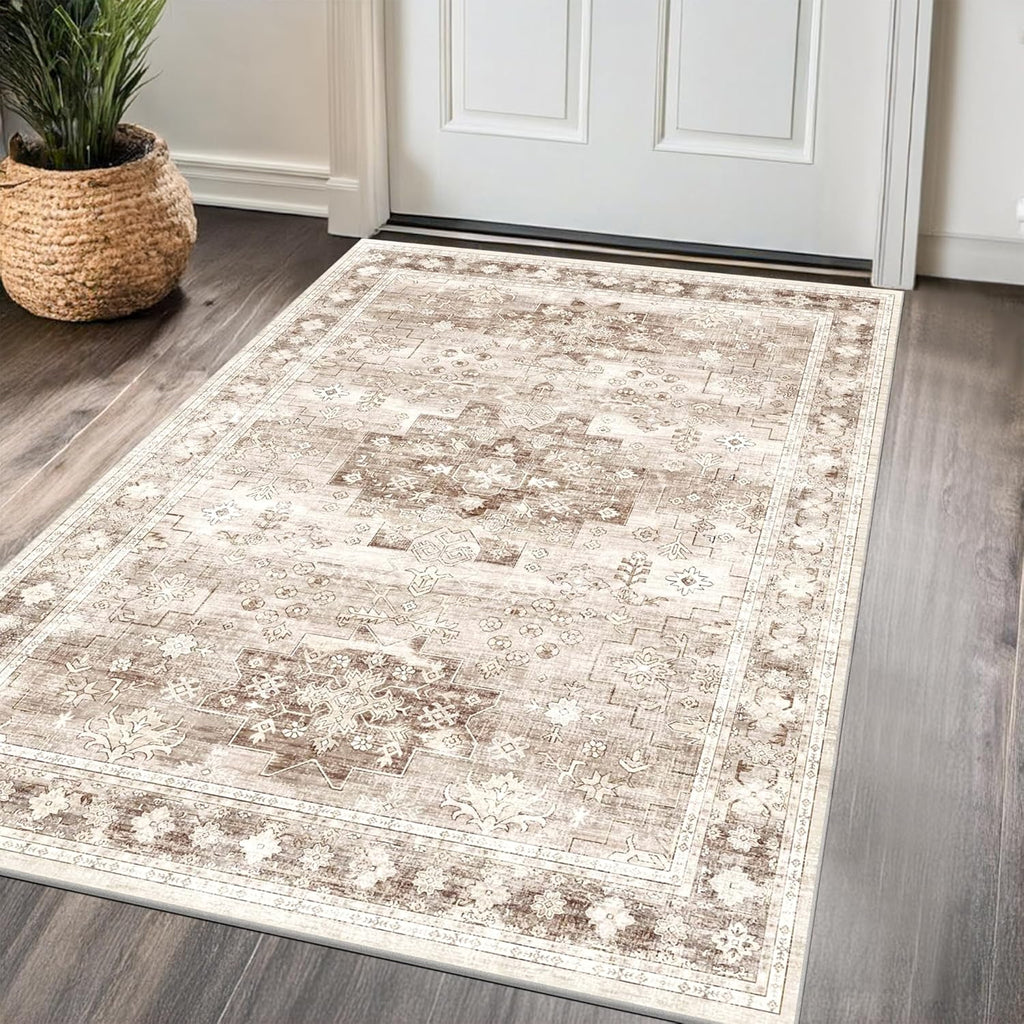 Regine Switzerland Washable Large Entryway Rug - Non-Slip Boho Vintage Floral Design | 3x4 Beige/Latte