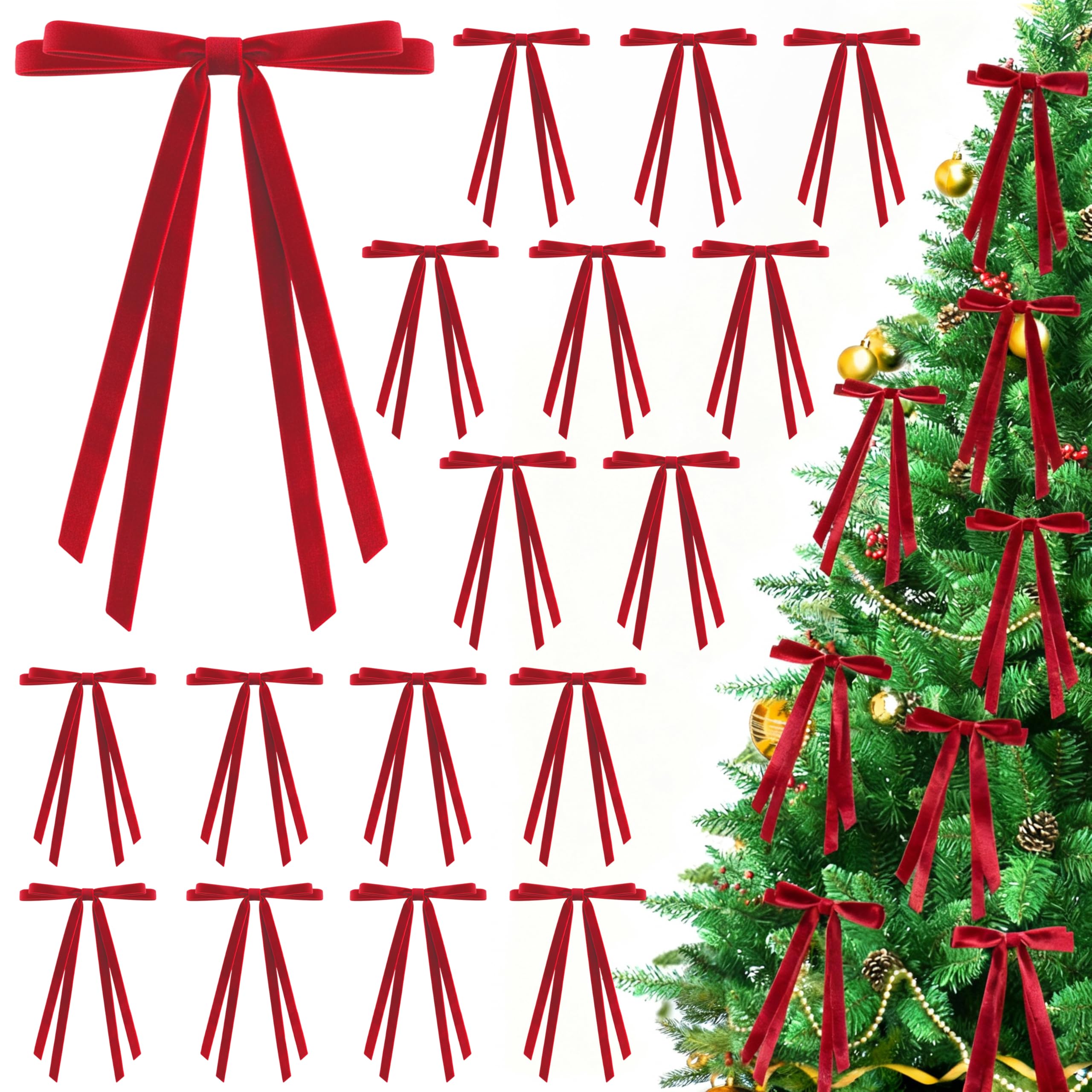 CUPLOOV 24 Pcs Christmas Bows for Tree, Red Velvet Ribbon Bow for Christmas Tree, Pre-Tied Vintage Xmas Bows for Xmas Trees Wreaths Gifts Wedding Indoor Outdoor Decorations, 5 x 7 Inch