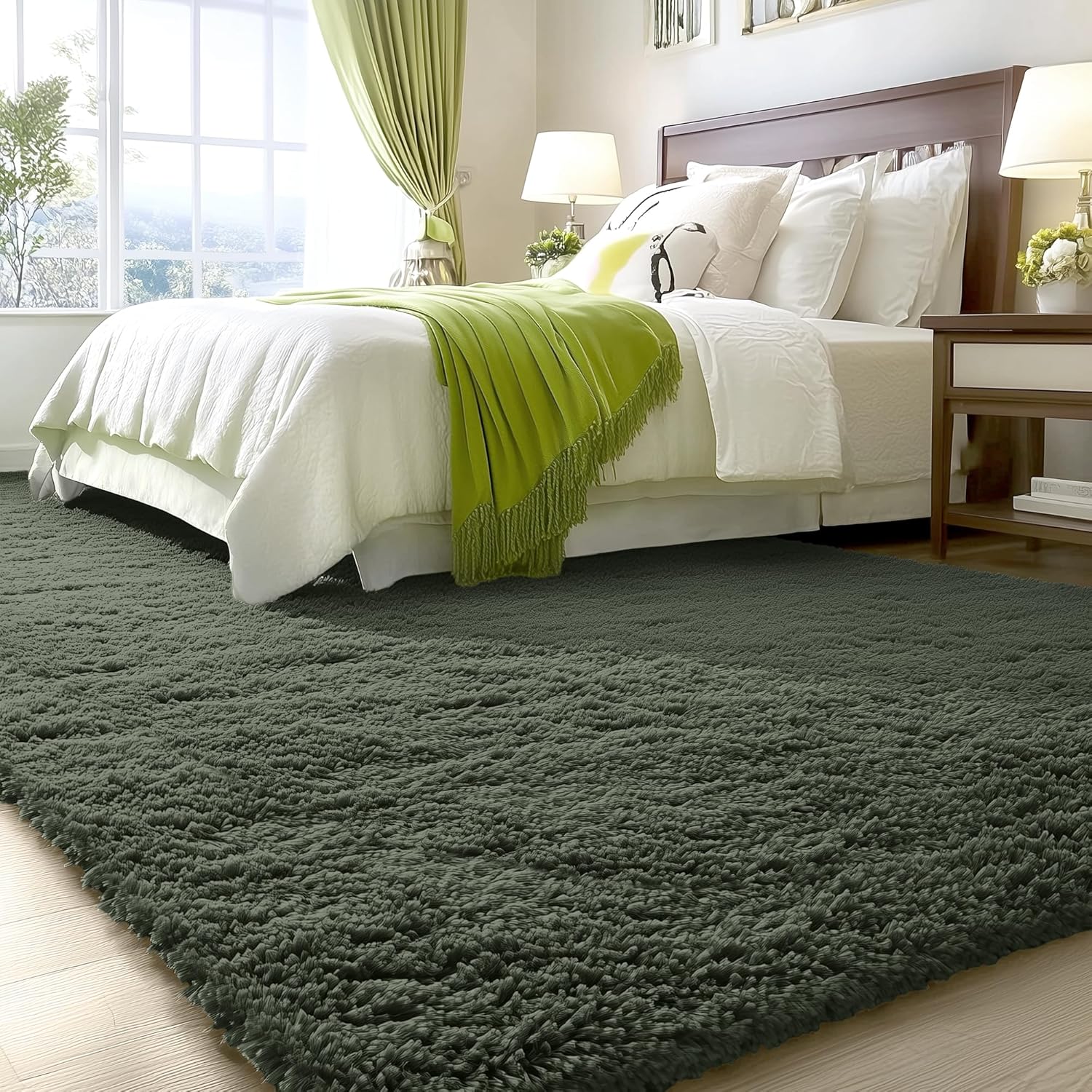 OLANLY Large Area Rug - Soft Fluffy Shaggy Carpet for Living Room & Bedroom | 8x10 ft, Olive Green