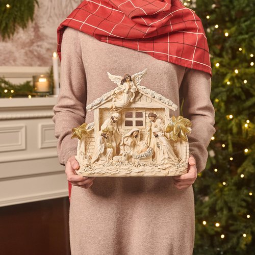 Valery Madelyn Christmas Nativity Figurines with LED Lights, Large White Gold Holy Family Nativity Scenes Resin Manger for Xmas Indoor Home Table Fireplace Holiday Decorations, 10.6 Inch Tall