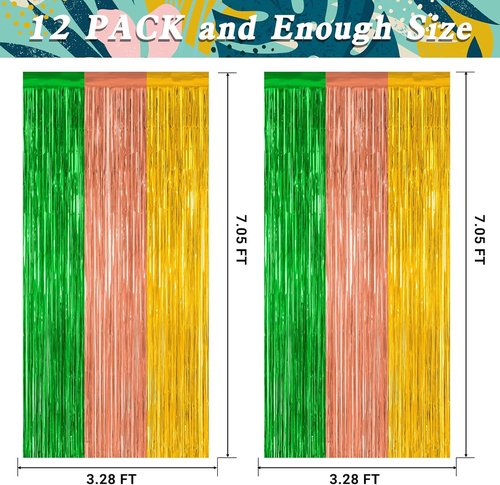 Hawaiian Party Decorations by [Brand Name] - 12 Pack Luau Backdrop Fringe Curtains | 3.28 FT x 7.05 FT, Metallic Summer Decor