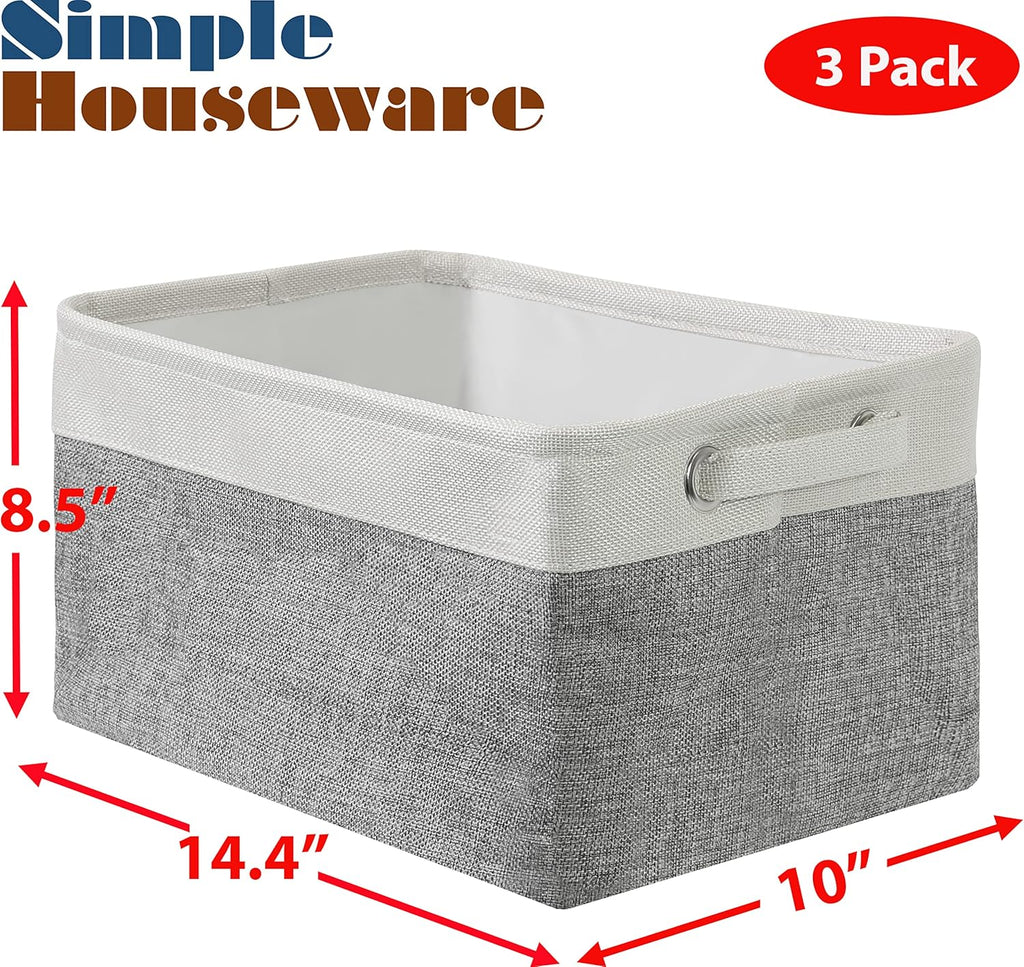 Simple Houseware Large Fabric Storage Bin - Foldable Organizer with Handles | 14.4" x 10", Gray, 3-Pack