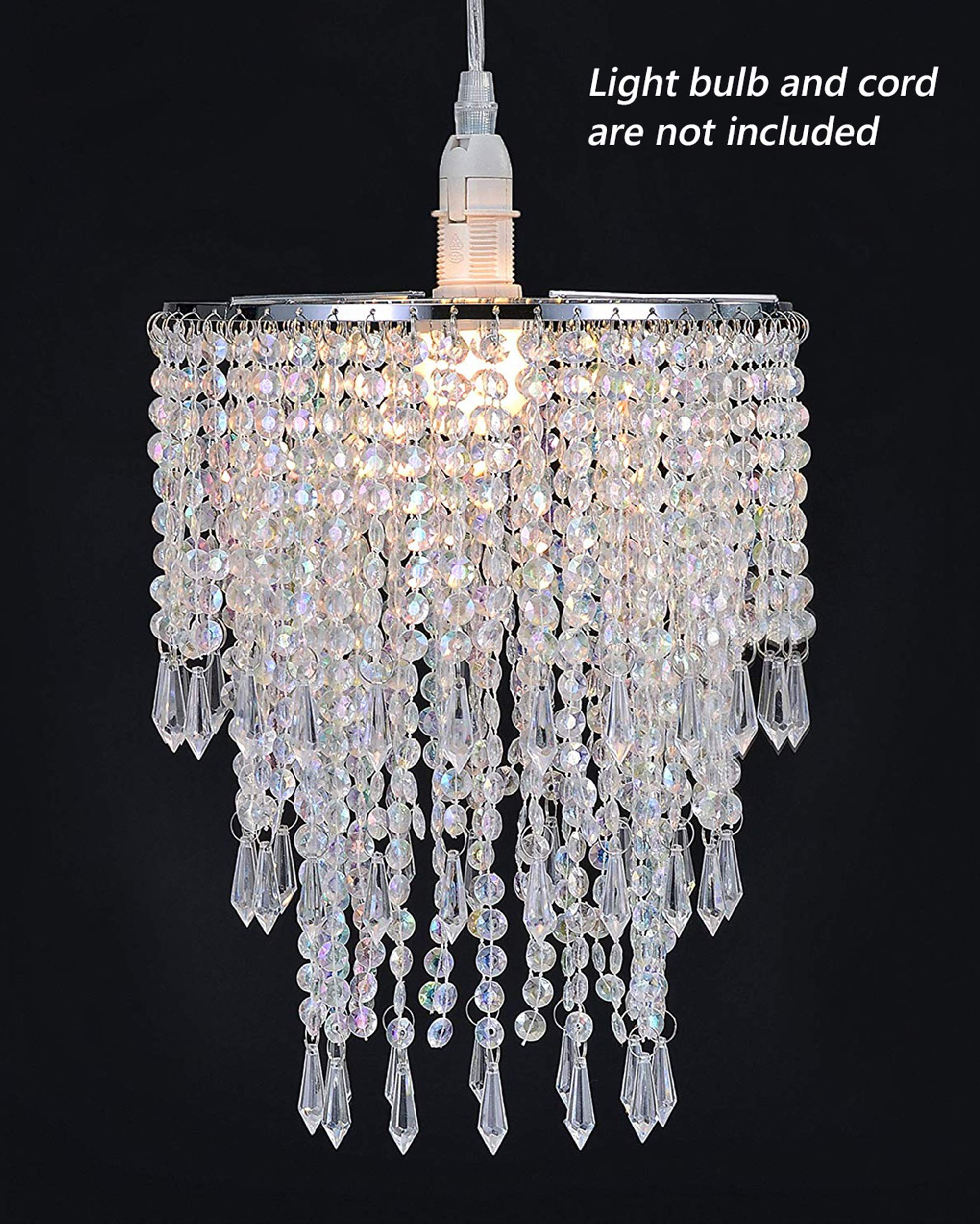 Waneway 3 Tiers Ceiling Chandelier Pendant Light Shade with Acrylic Jewel Droplets, Beaded Lampshade with Chrome Frame and Clear Beads, Diameter 8.7 inches, Clear