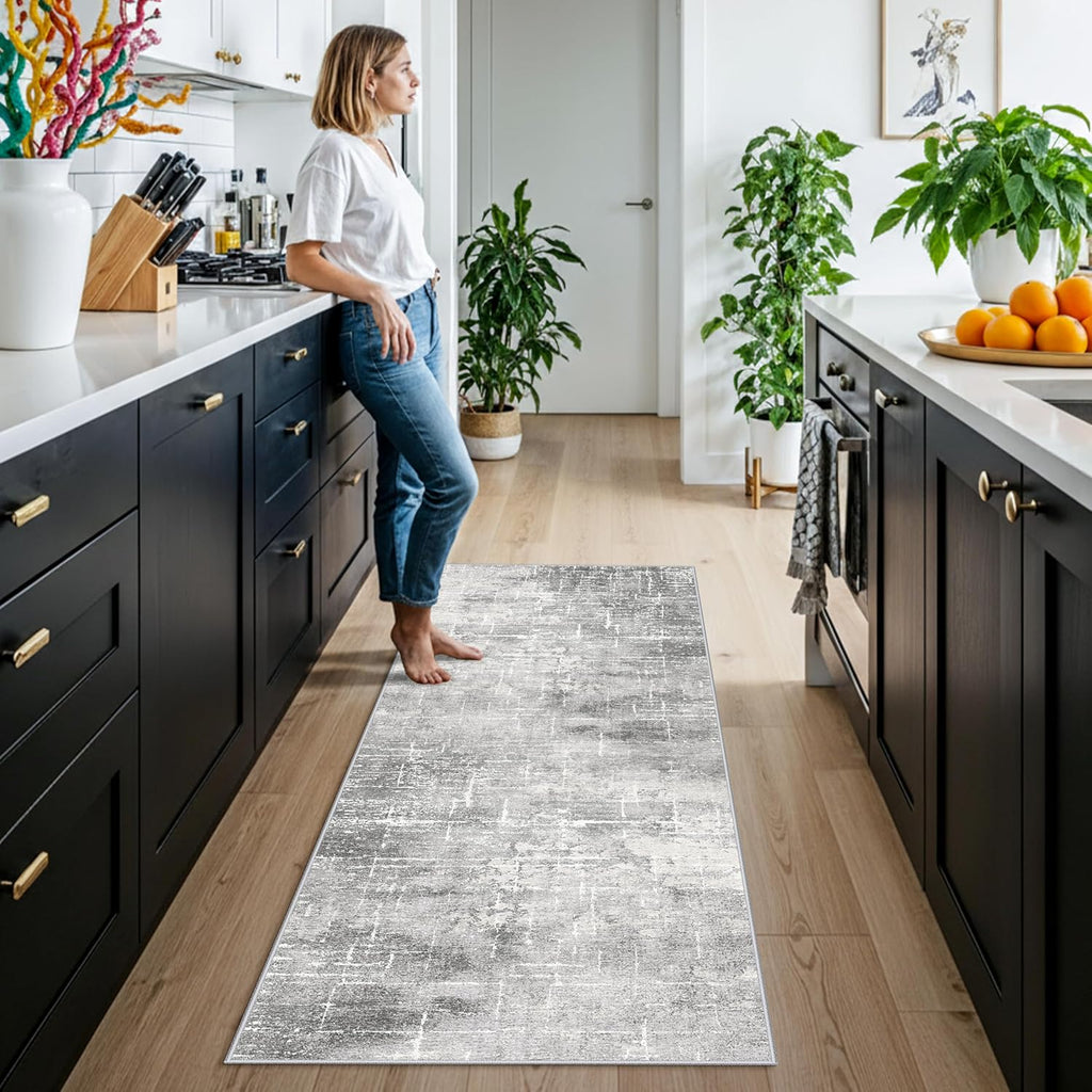 Skiennix Washable Abstract Kitchen Rug - Non-Slip Water-Resistant Runner for Dining & Entryway | 2x6 Light Grey