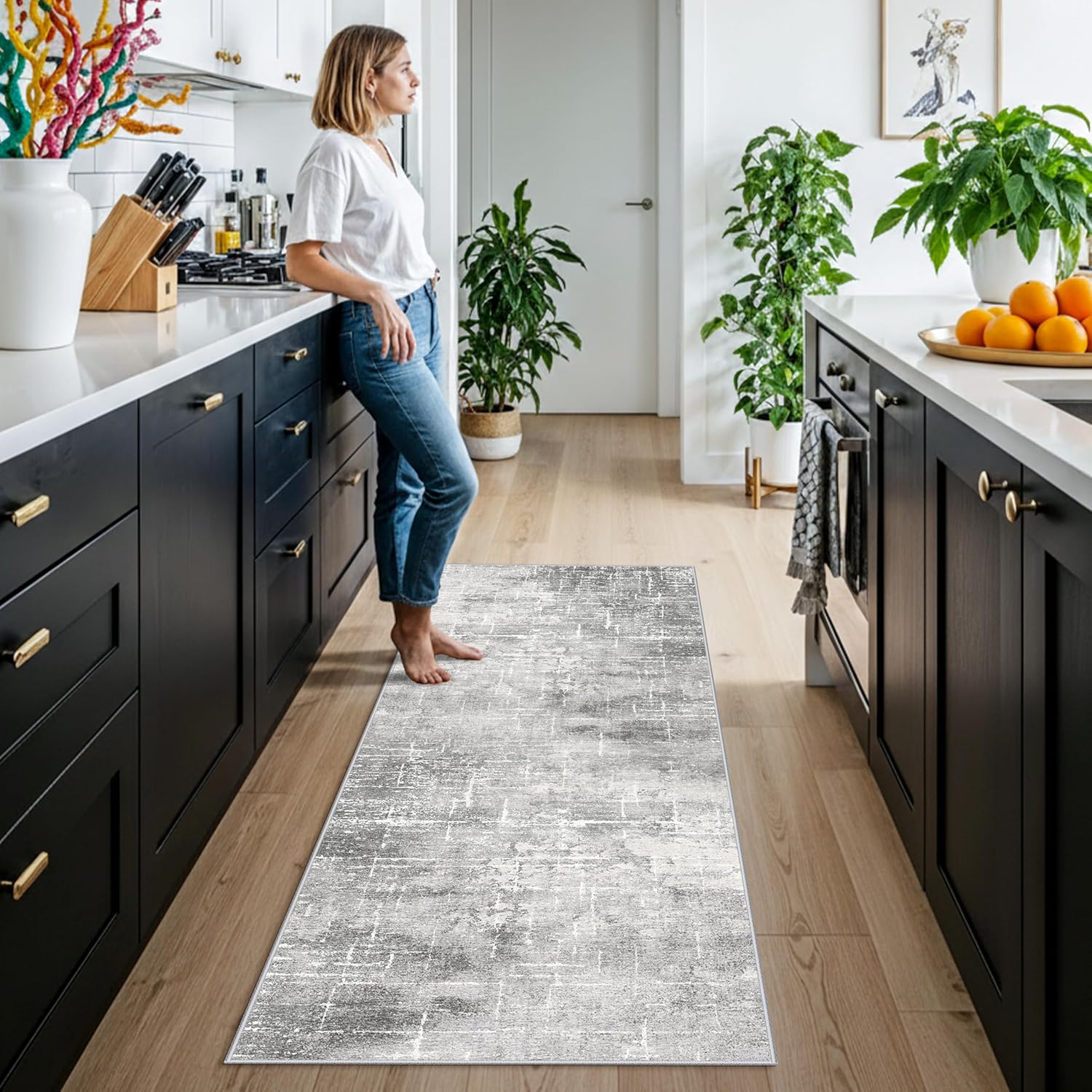 Skiennix Washable Abstract Kitchen Rug - Non-Slip Water-Resistant Runner for Dining & Entryway | 2x6 Light Grey