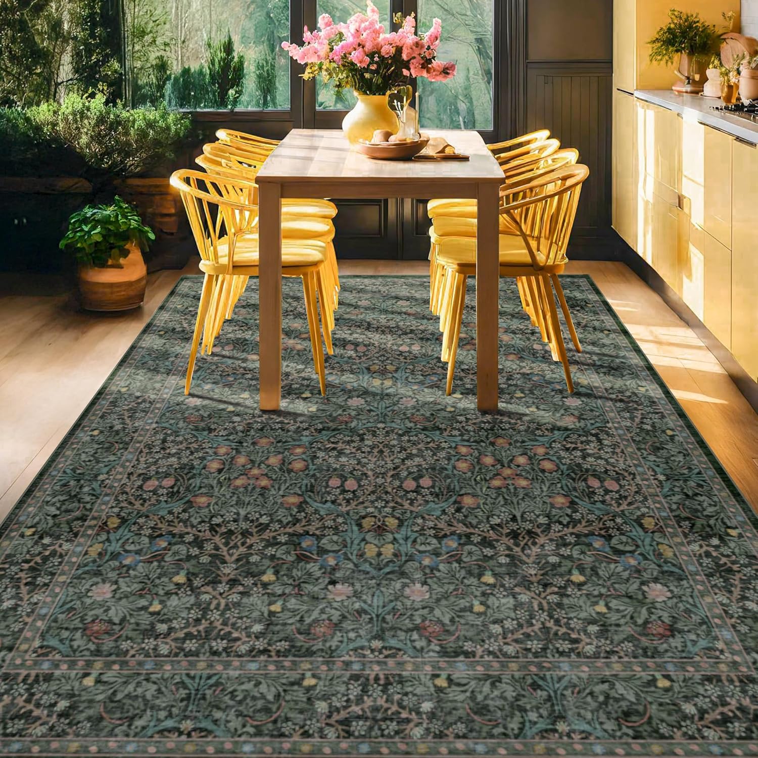 Skiennix Vintage Dark Green Area Rug - Washable 8x10 Oriental Carpet for Living Room & Dining Room