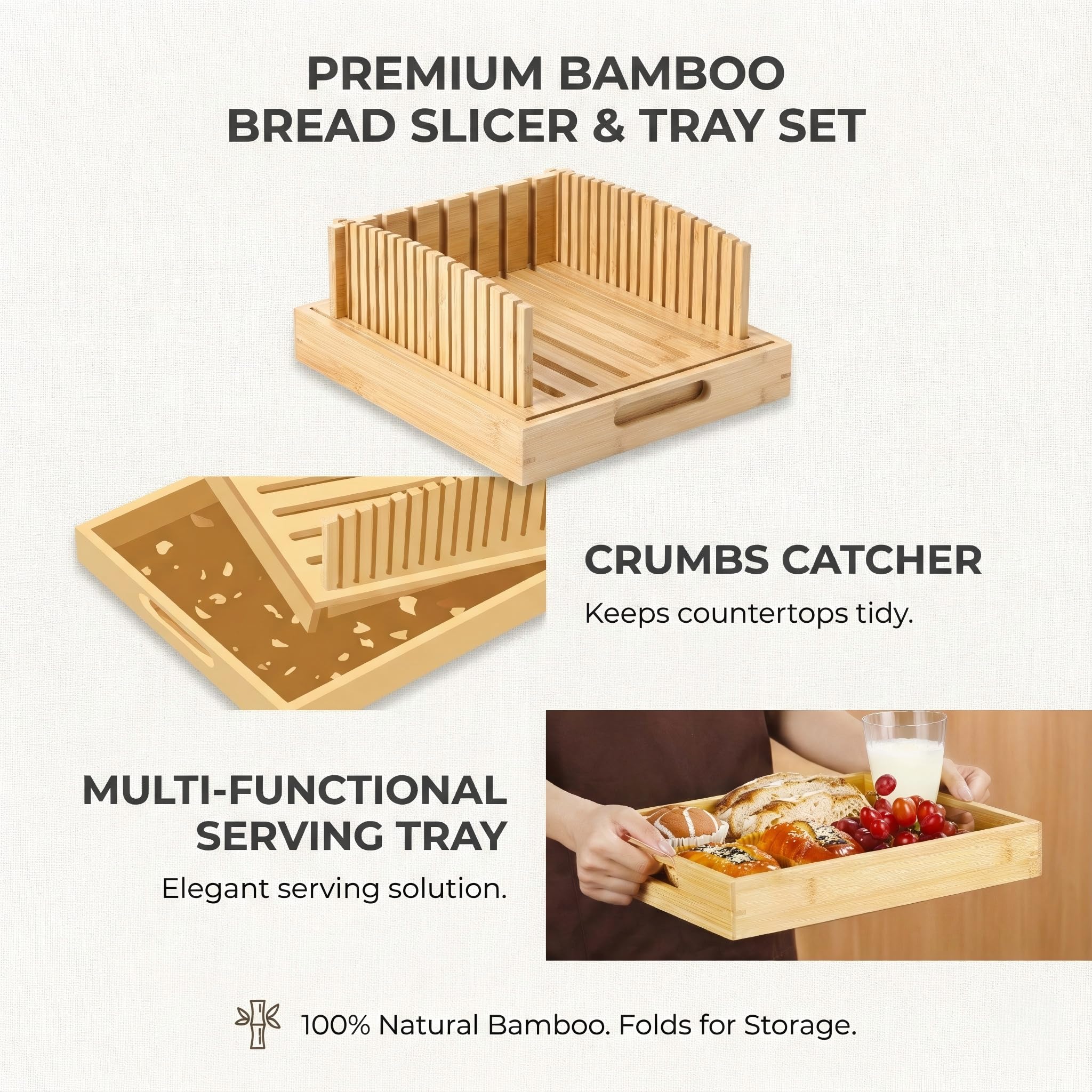 10.5" Bamboo Bread Slicer for Homemade Bread - Sourdough Slicing Guide with Crumb Catcher & Stable Mortise-Tenon Structure - Baking Gifts for Valentine's Day