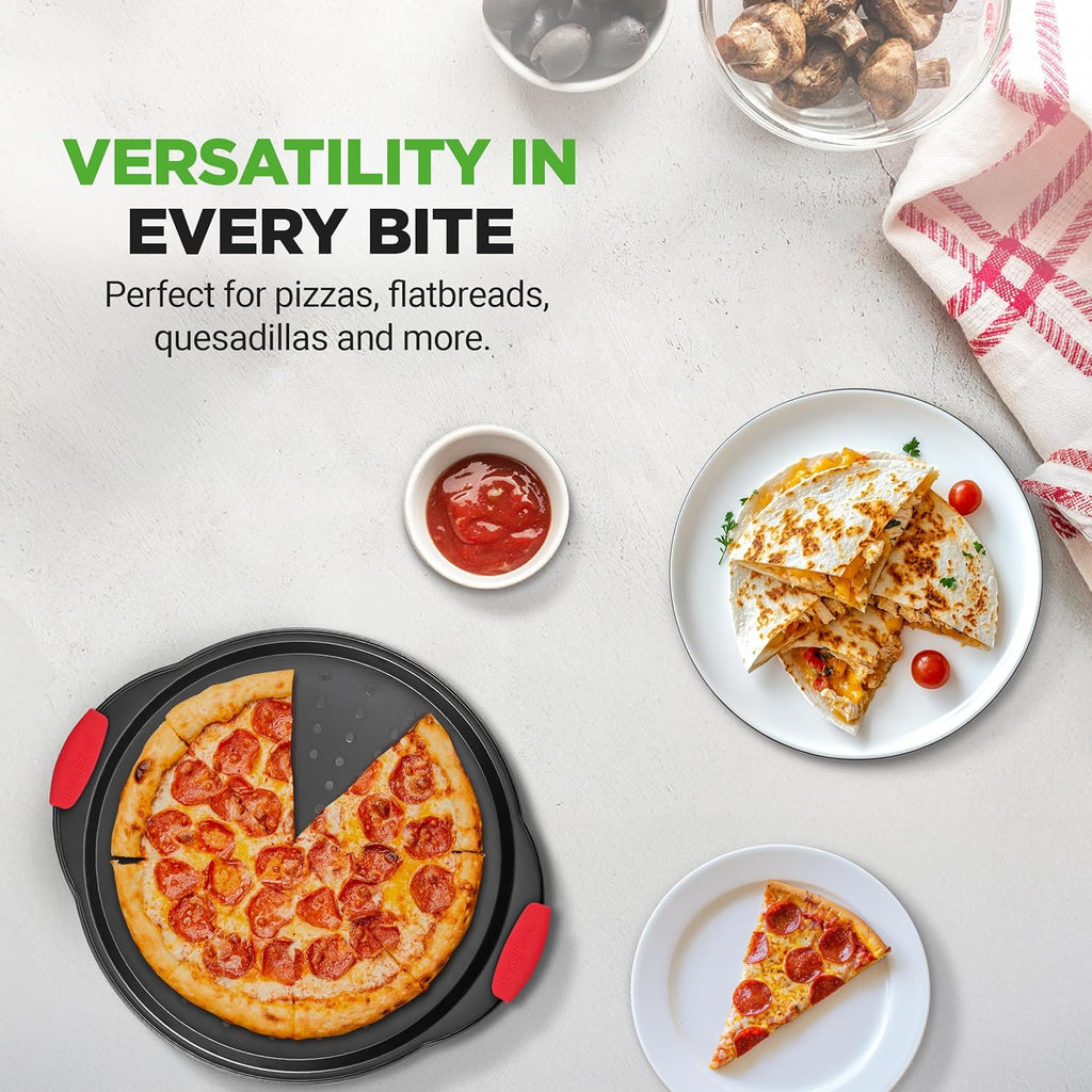 NutriChef 13-Inch Nonstick Pizza Tray | Round Carbon Steel Pan with Perforated Holes & Silicone Grip Handles