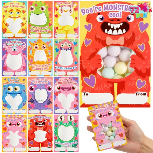 JOYIN 72 Pcs Valentines Day Gifts Cards of Monster Designs with Bags, Valentine’s Horrow Greeting Cards Candy Holder Cards for Kids, Classroom Exchange Cards Party Favors(Candy Not Included)