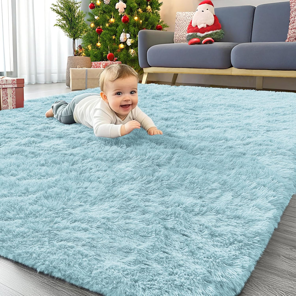 OLANLY Area Rugs - Soft Fluffy Shaggy Indoor Carpet for Living Room & Bedroom - 4x5.9 ft Light Blue