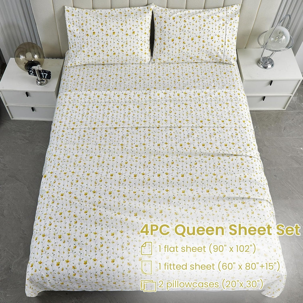 Softan Queen Size Floral Bed Sheets - 4-Piece Microfiber Set with 15" Deep Pockets & Corner Straps