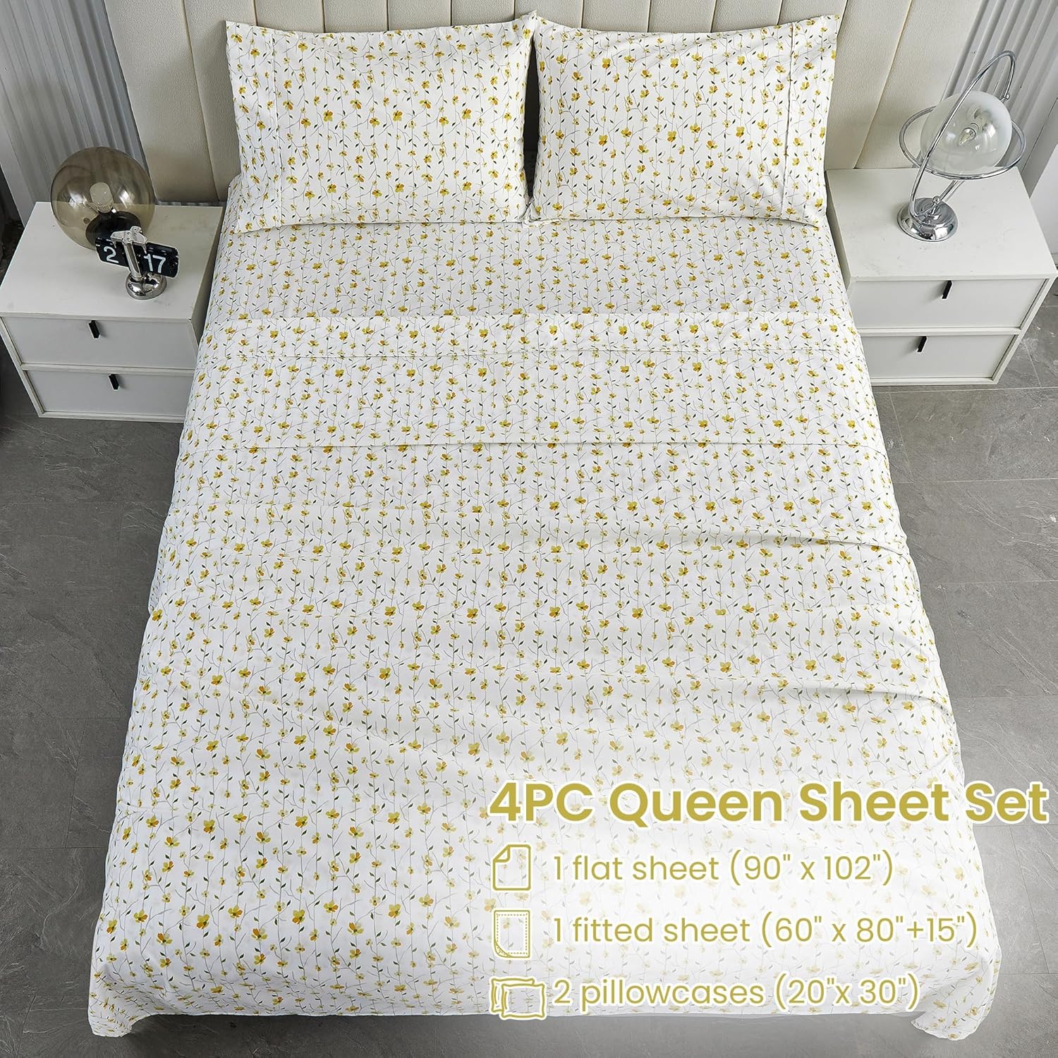 Softan Queen Size Floral Bed Sheets - 4-Piece Microfiber Set with 15" Deep Pockets & Corner Straps