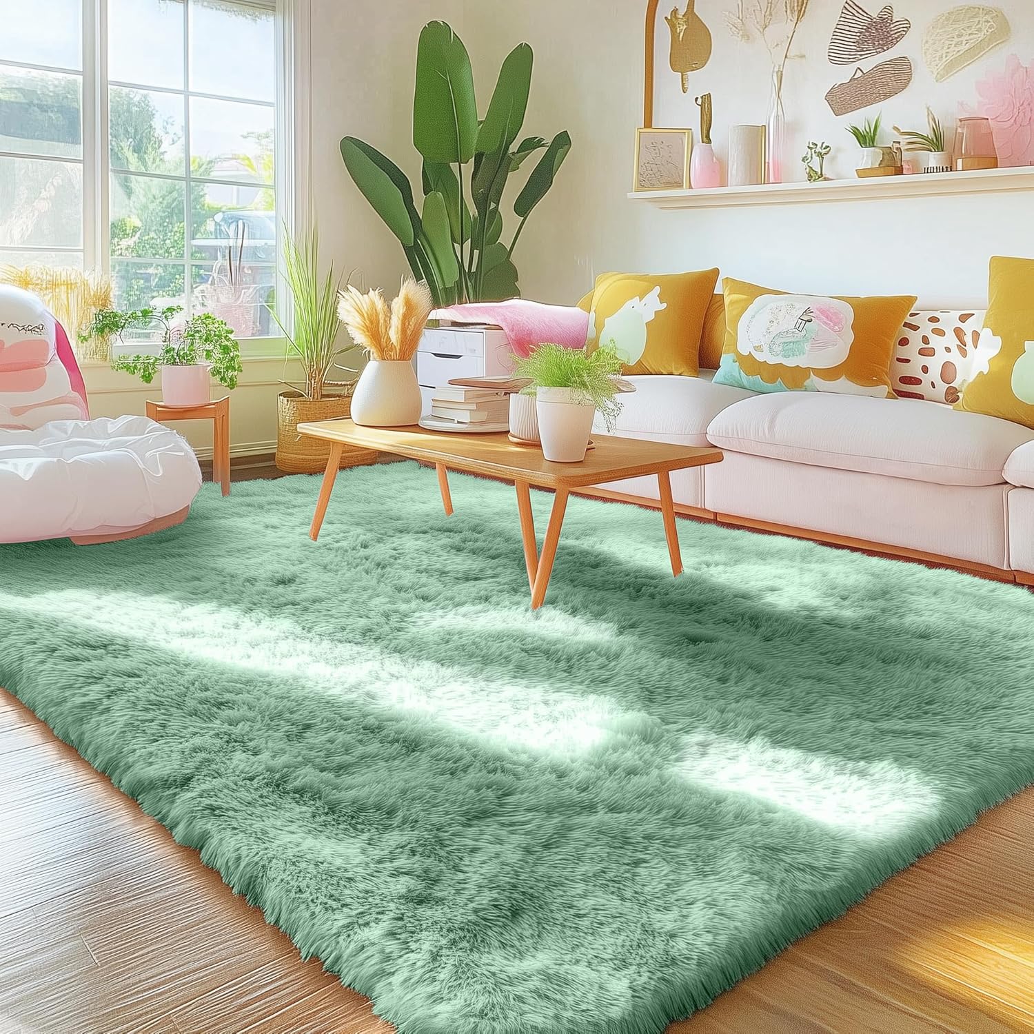 OLANLY Area Rugs - Soft Fluffy Shaggy Indoor Carpet for Living Room & Bedroom | 4x5.9 ft Mint Green