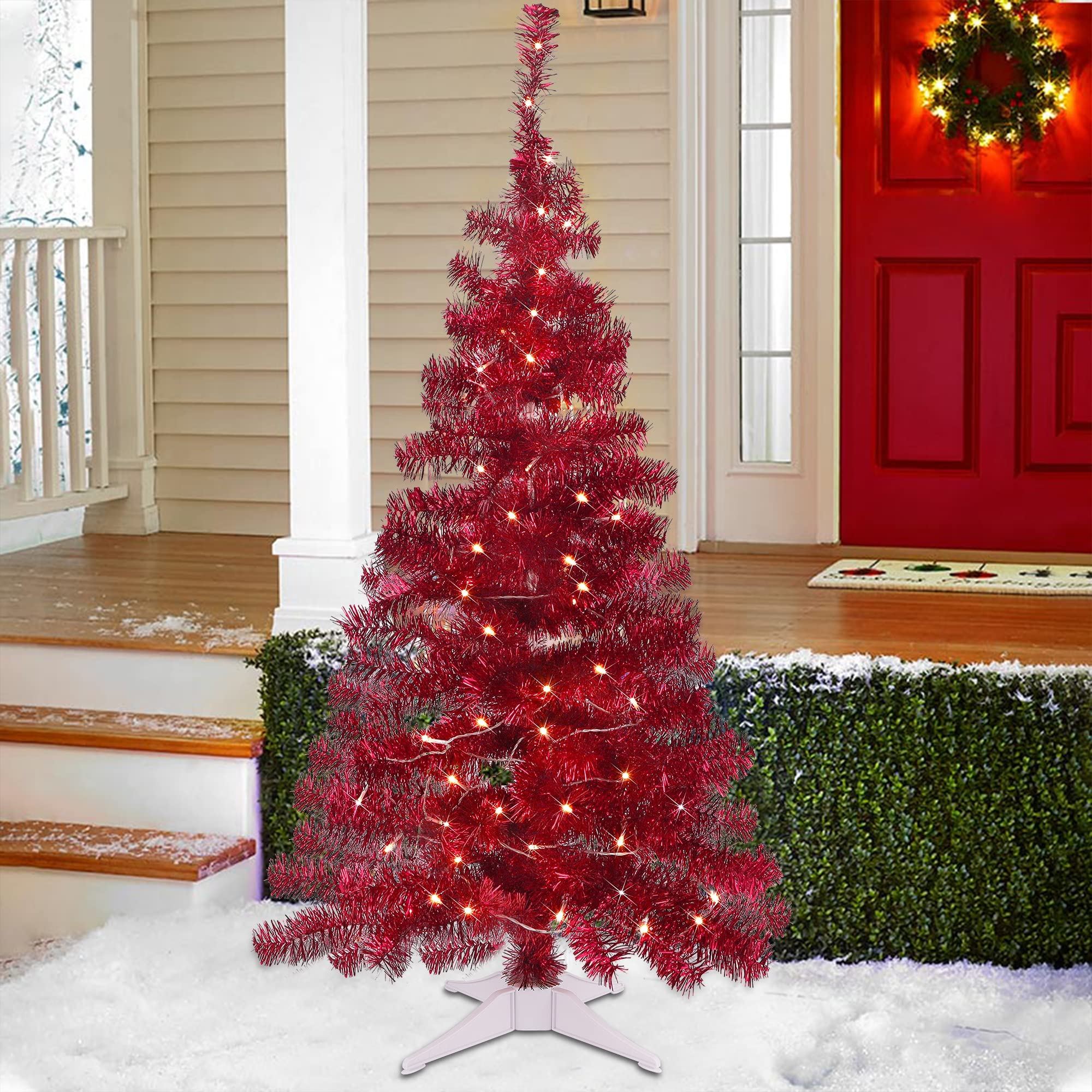Juegoal 4 FT Pre-lit Artificial Christmas Tree, Lighted Red Tinsel Pine Spruce Tree with 70 LED Lights, 8 Modes & Timer, Xmas Holiday Home Party Decor