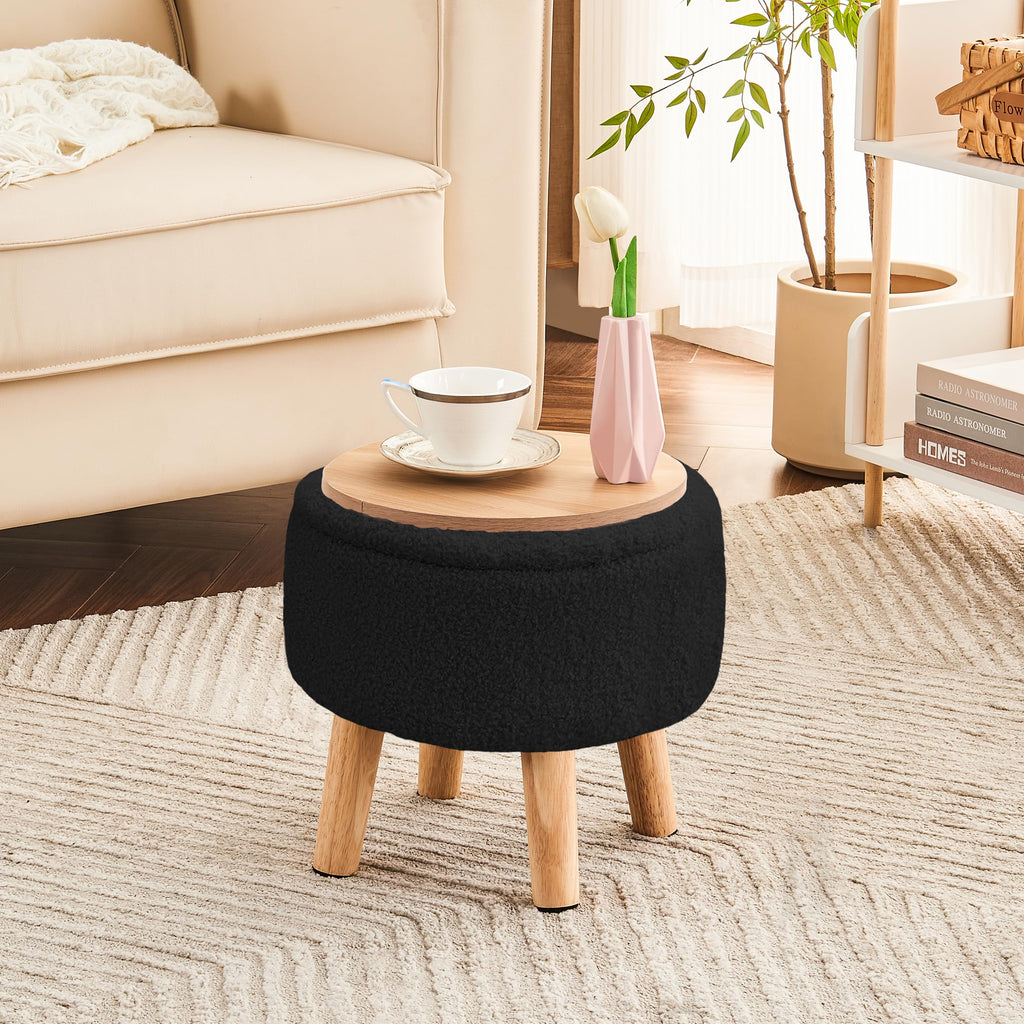 Poofzy Small Ottoman with Storage, Small Foot Stool Ottoman with Wood Legs, Sherpa Foot Rest for Couch, Living Room and Bedroom - White