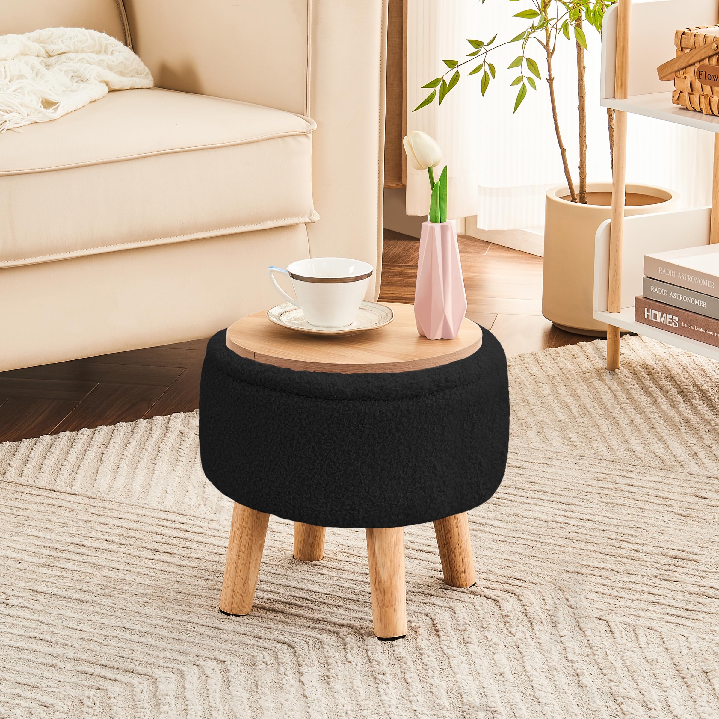Poofzy Small Ottoman with Storage, Small Foot Stool Ottoman with Wood Legs, Sherpa Foot Rest for Couch, Living Room and Bedroom - White