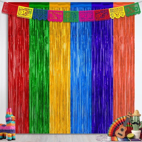 Cinco De Mayo Decorations by [Brand Name] - 2 Pack Fiesta Rainbow Backdrop | 3.28 FT x 7.05 FT Tinsel Curtains