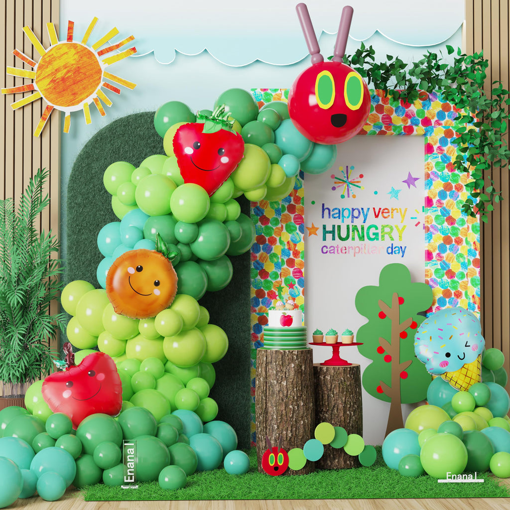 Hungry One Caterpillar Balloon Garland Kit, 164pcs Green Caterpillar Shaped Balloons with Fruit Foil Balloons for First Birthday Decorations Picture Book Story Theme Party Summer Baby Shower Supplies