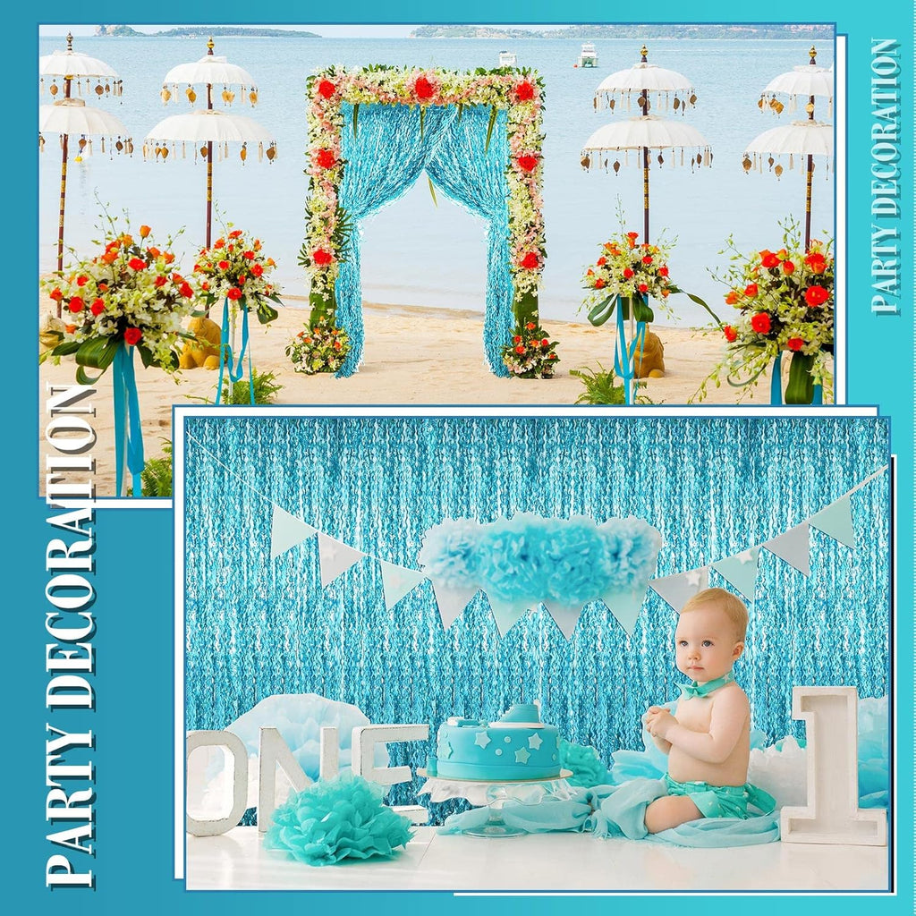 Skiennix Foil Fringe Backdrop - 10 Pieces Wavy Tinsel Curtain for New Year & Party Decor | Blue Green 3.3 x 6.6 Ft