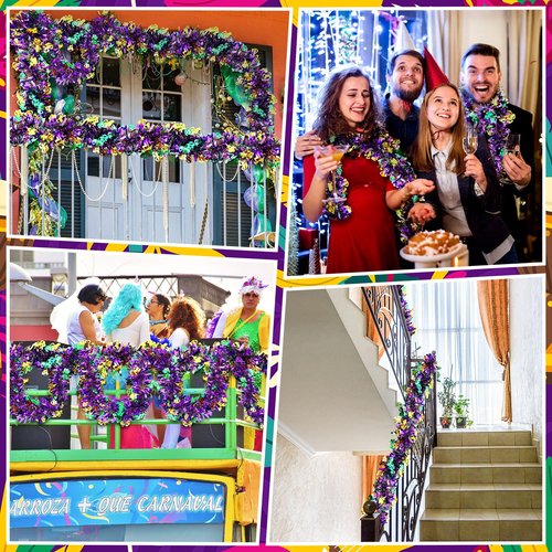 Daifunli 2 Pcs 80 ft Mardi Gras Tinsel Garland Decoration Gold Green Purple Metallic Twist Fringe Tinsel Glittering Hanging Carnival Garland for Mardi Gras Indoor Outdoor Float Home Party Deocoration