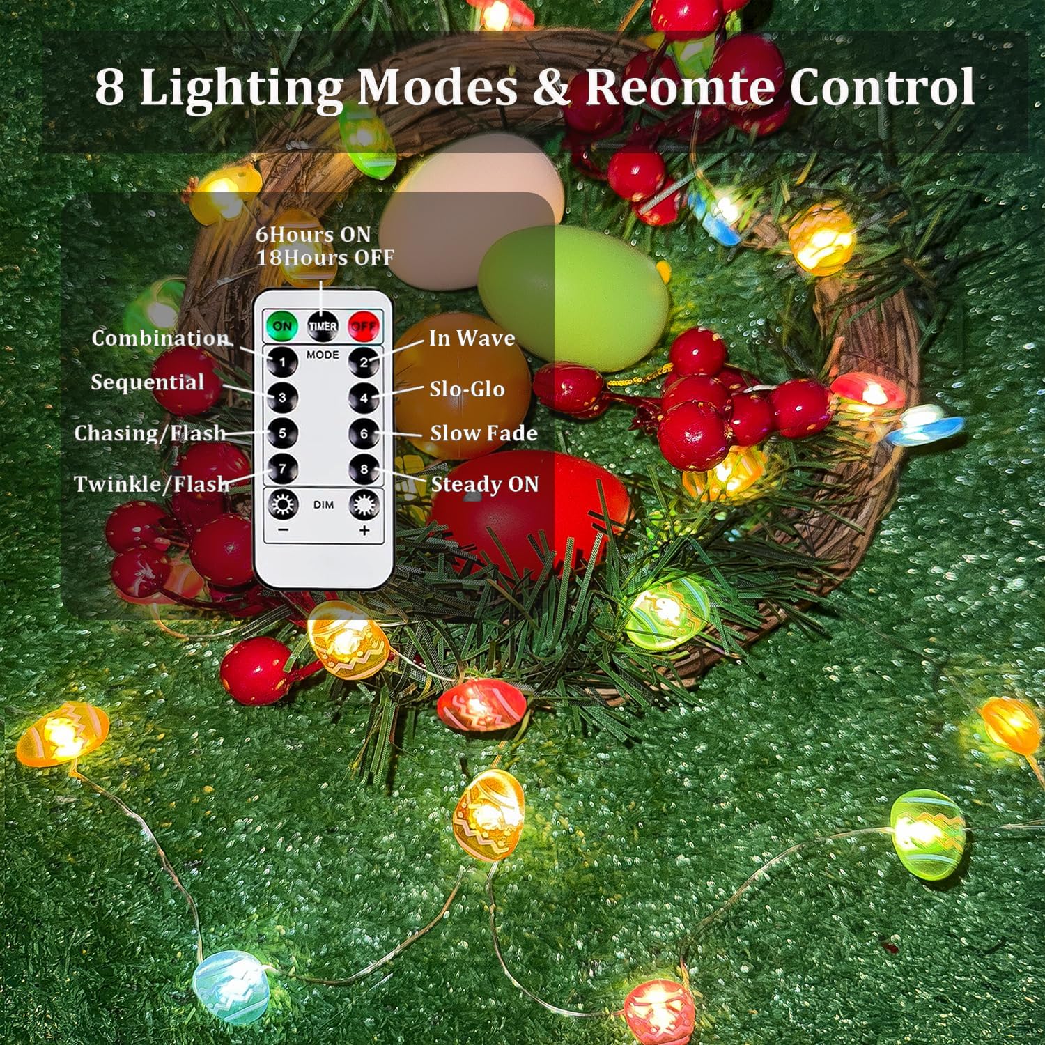 Skiennix Easter Egg Lights - Battery Operated Fairy Lights with Remote & 8 Modes | Waterproof Twinkle String Lights for Spring Decor (Multicolor)
