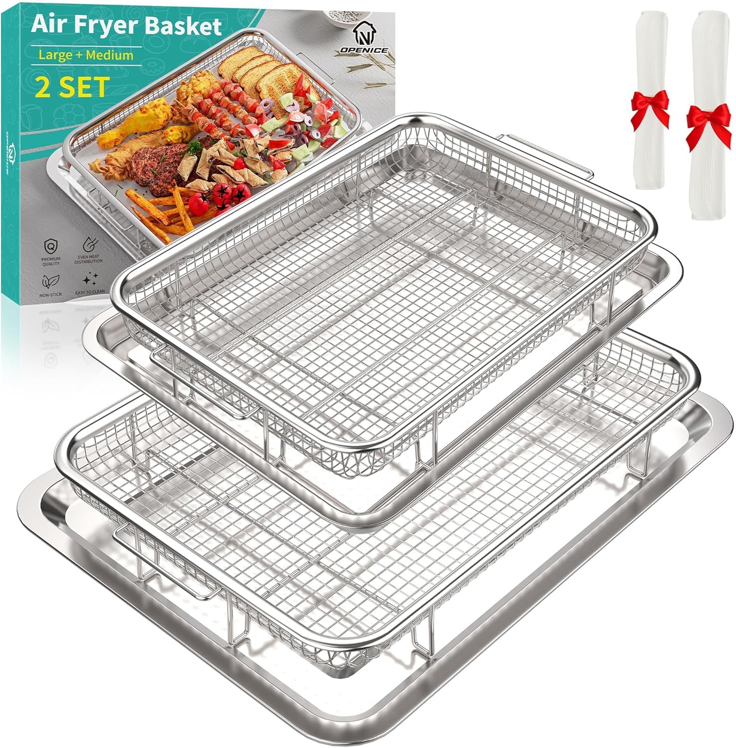 OPENICE Air Fryer Basket Set - Non-Stick Crisper Tray for Baking & Crispy Foods | Large & Medium Sizes