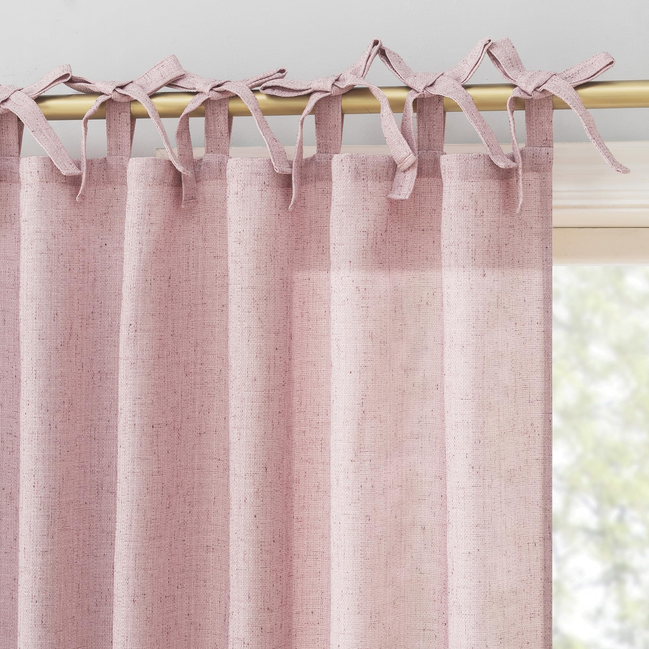 Sun Zero Roxy Generation Slub Texture Tacked Bow Semi-Sheer Tie Top Curtain Panel, 50" x 84", Pink