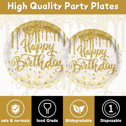 140Pcs Golden Happy Birthday Party Decorations White Gold Paper Plates Napkins Cups Tableware Set Women Men Birthday Themed Party Decor for 20 Guests