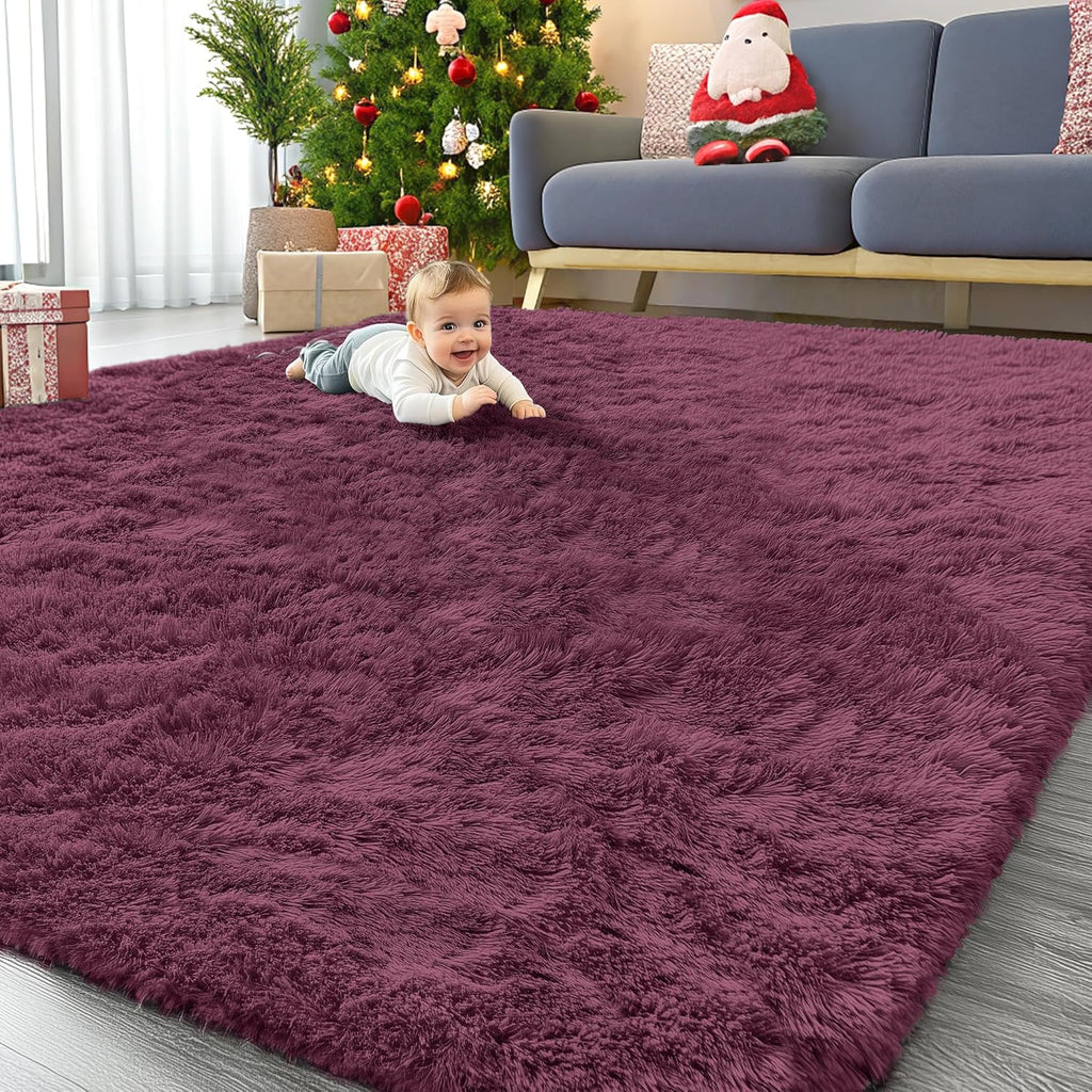 OLANLY Large Area Rug - Soft Fluffy Shaggy Carpet for Living Room & Bedroom | 9x12 ft, Burgundy