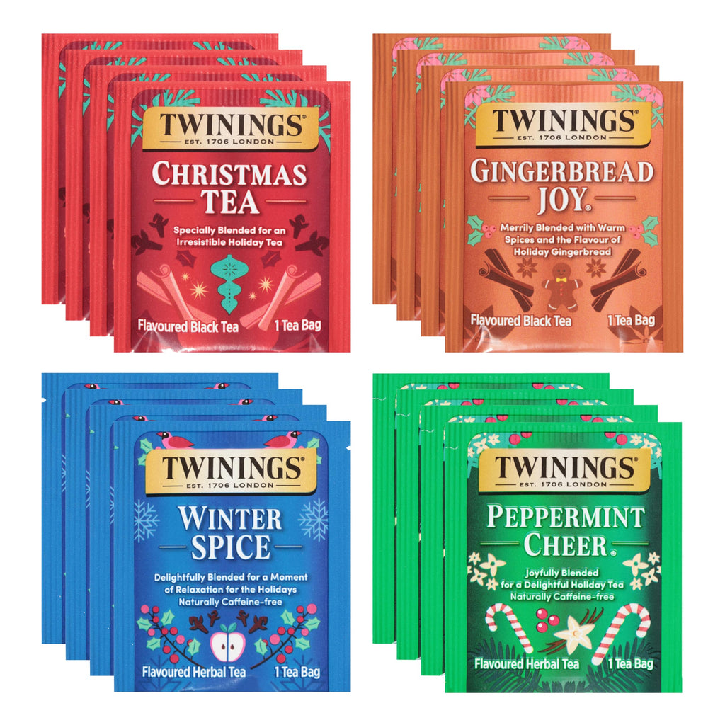 Twinings Christmas Holiday Variety Tea Bag Pack (40 Count) 4 Flavours Include Christmas Tea, Winter Spice, Gingerbread Joy, Peppermint Cheer, Seasonal Gift for Her, Him, Family, Friends