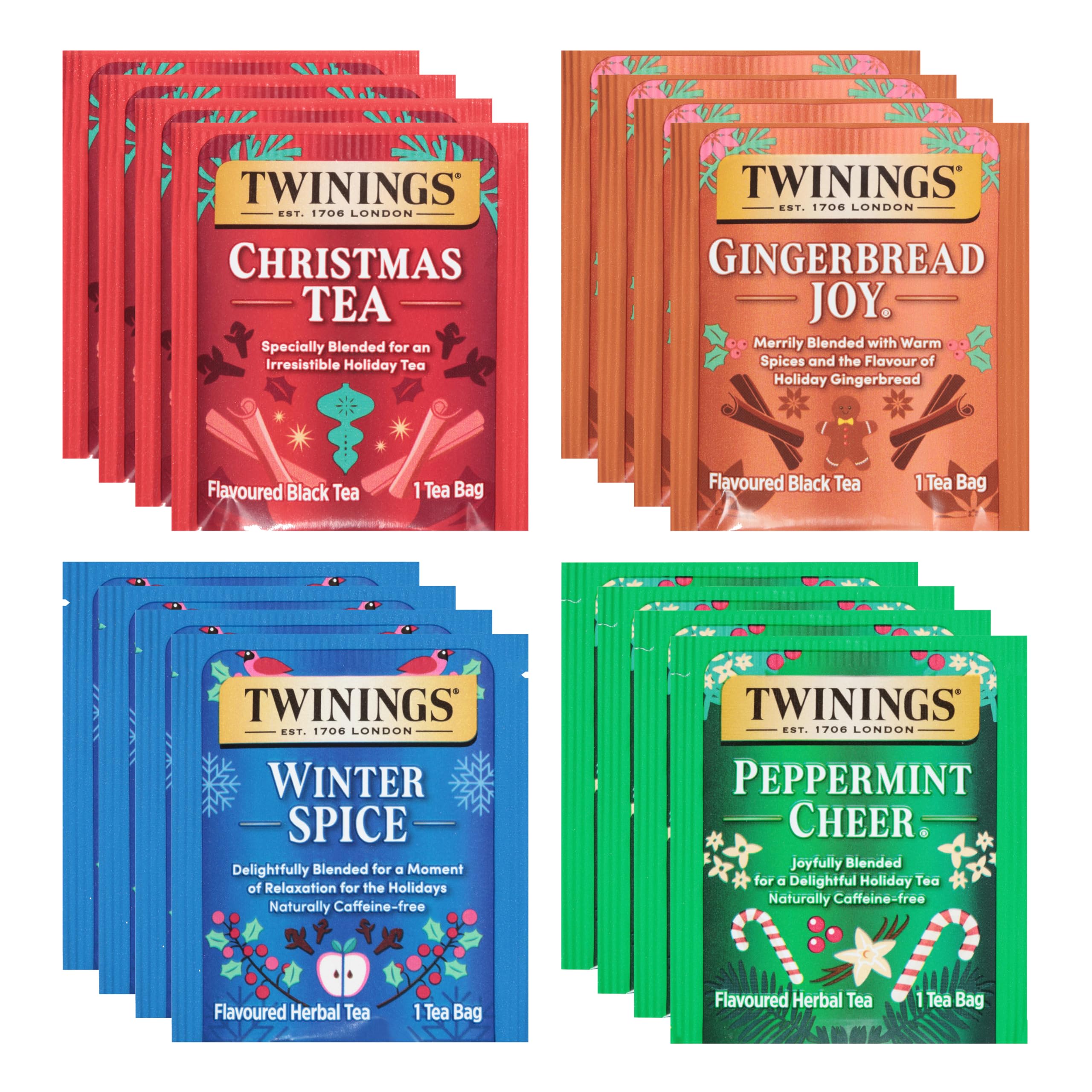 Twinings Christmas Holiday Variety Tea Bag Pack (40 Count) 4 Flavours Include Christmas Tea, Winter Spice, Gingerbread Joy, Peppermint Cheer, Seasonal Gift for Her, Him, Family, Friends