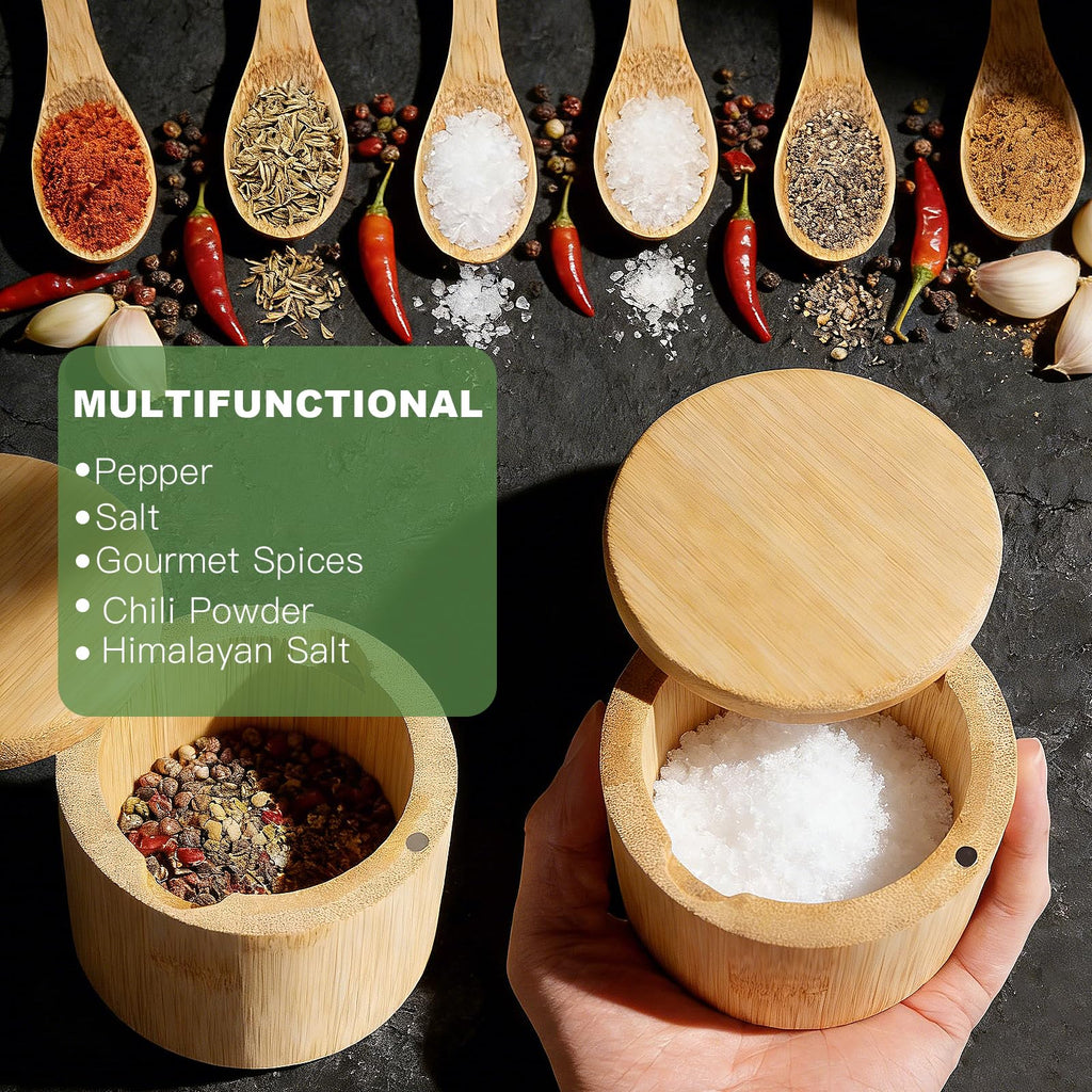 Ninsula Bamboo Salt Cellar, 360° Magnetic Swivel Lid Salt Container with Built-in Spoon for Storing Table Salt, Pepper, Sugar, Sea Salt, Spices, and Herbs