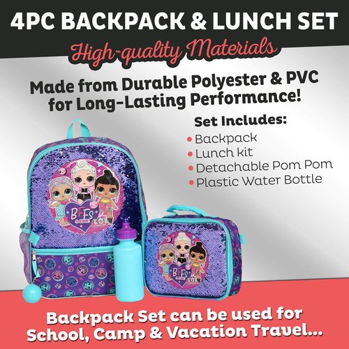 L.O.L. Surprise! Girl’s 4 Piece Backpack Set, Flip Sequin 16" School Bag with Front Zip Pocket, Purple and Teal