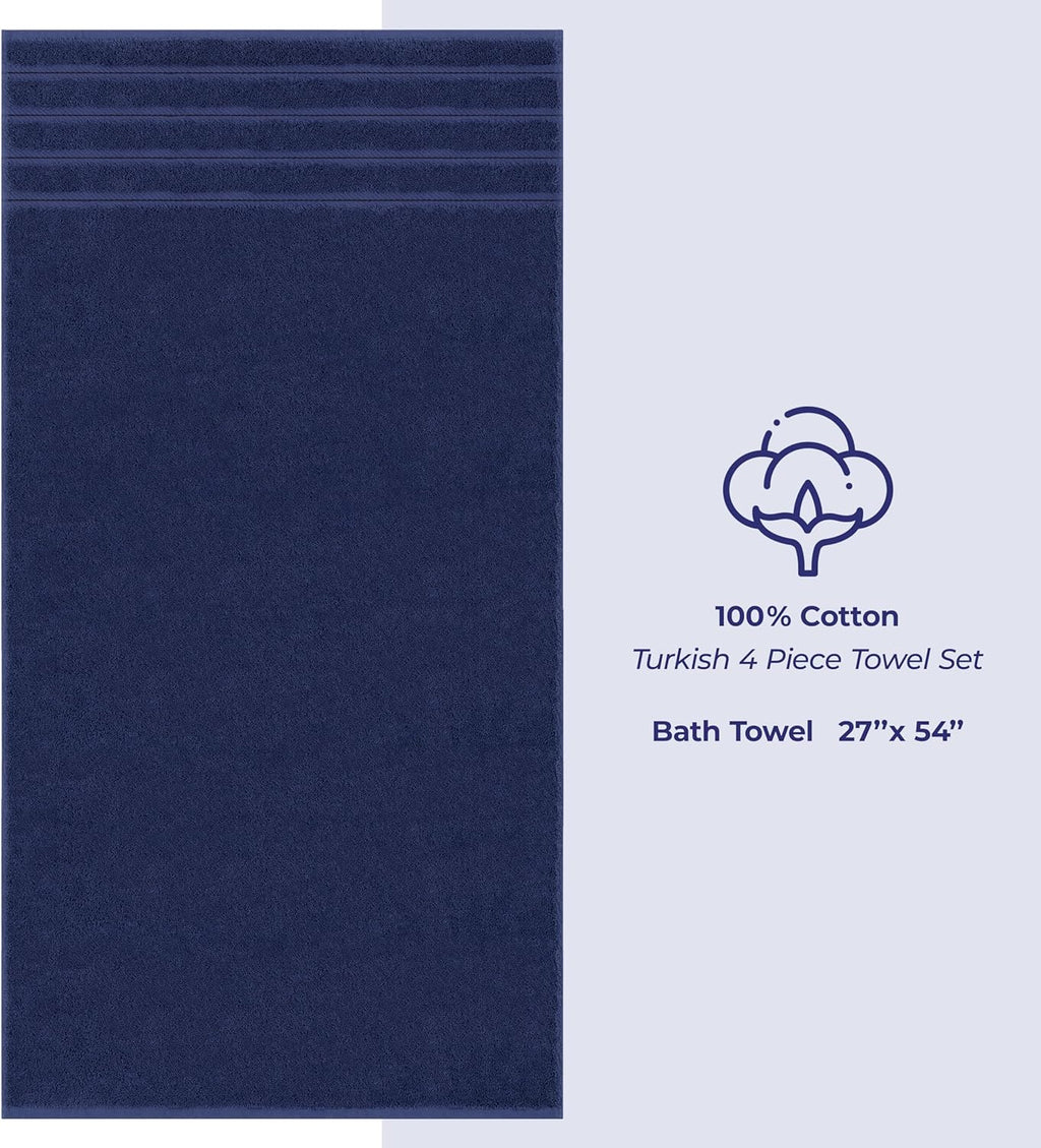 American Soft Linen Luxury Bath Towel Set - 4 Piece, 600 GSM 100% Cotton, Extra Large Navy Blue 27x54 in