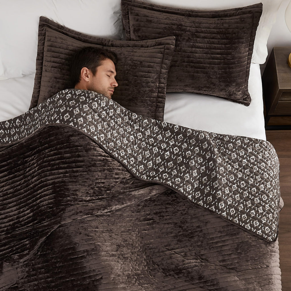 WDCOZY Velvet Queen Size Quilt Set - Chocolate Striped Soft Lightweight Bedspread, Dark Brown Neutral Channel Farmhouse Country Rustic Coverlet, Coffee Modern Bedding Warm Thin Comforter, 3 Pieces