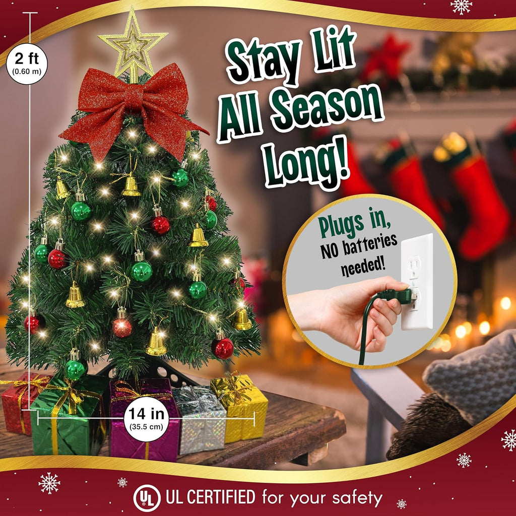 Small Christmas Tree with Lights - 23-Inch Mini Tabletop Tree with Warm-White LEDs & Ornaments