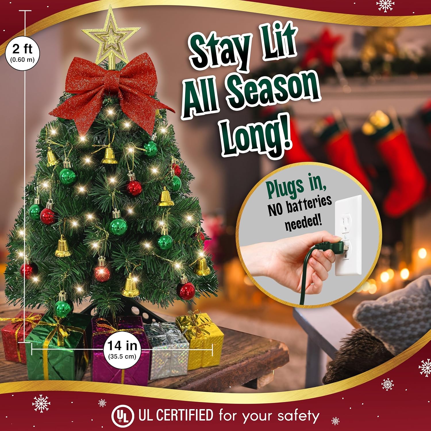 Small Christmas Tree with Lights - 23-Inch Mini Tabletop Tree with Warm-White LEDs & Ornaments