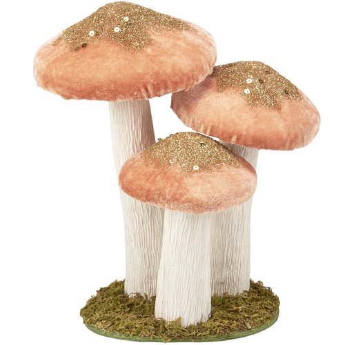 Primitives by Kathy Mushroom Trio Sitter, pink foam mushrooms uniquely detailed/velvet glitter accents/natural foliage detail base/nature themed home accent for seasonal/everyday/garden decor/gfitable