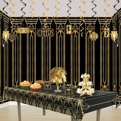 Beistle Great 20s Whirls – 24-Pack Art Deco Hanging Swirl Decorations with Metallic Gold & Black Spirals, 1920s Party Ceiling Decor for Roaring Twenties, Jazz Age Events, and New Year’s Eve, 17"–32"