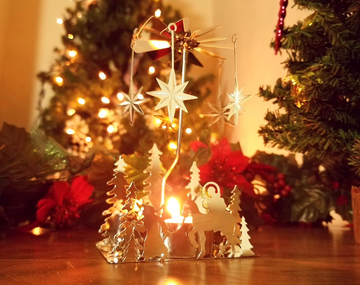 Nativity Candle Spinner - Laser-Cut Silver Tea Light Holder with Nativity Scene & Moravian Stars - 5" H x 3.5" L