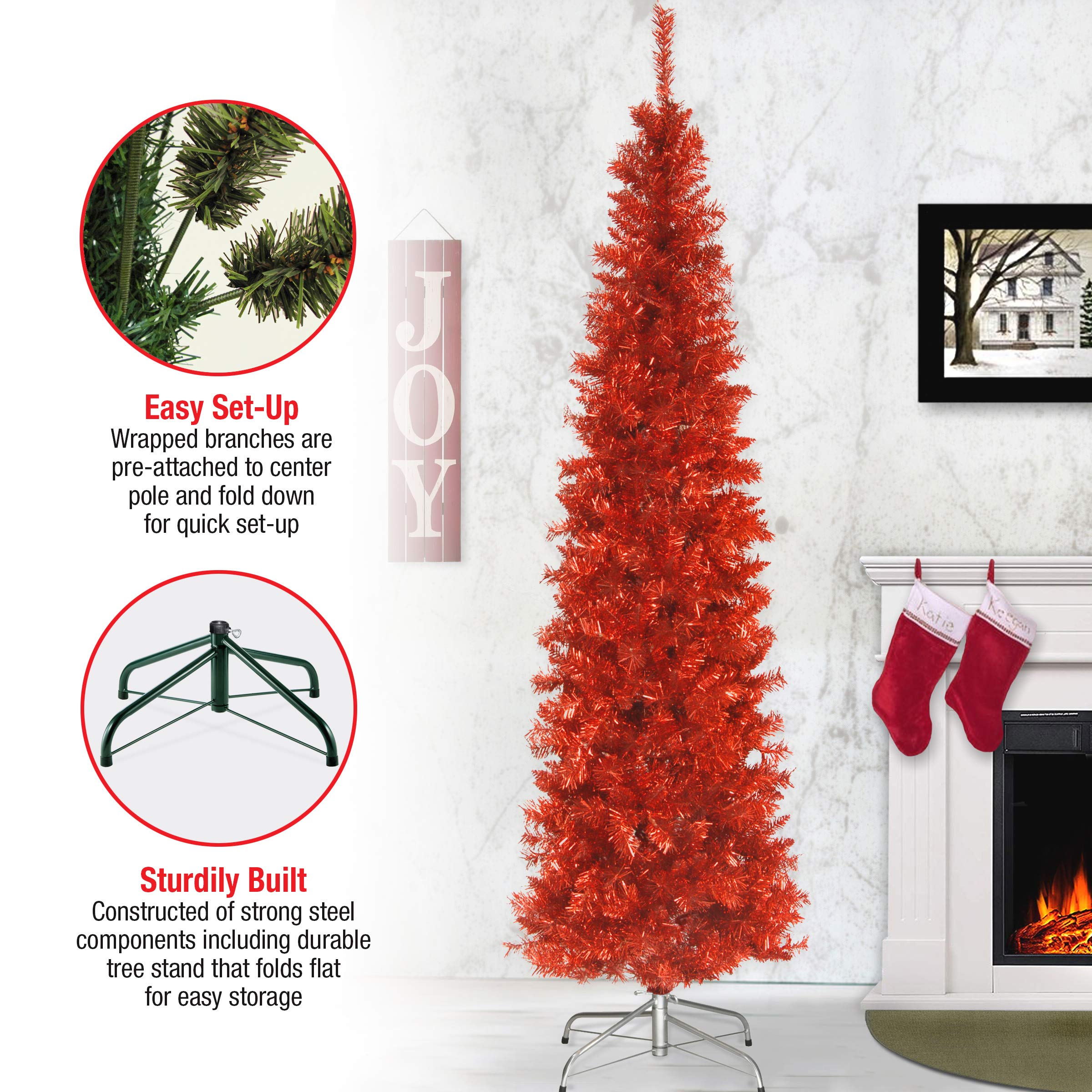 National Tree Company Artificial Christmas Tree, Red Tinsel, Includes Stand, 6 feet