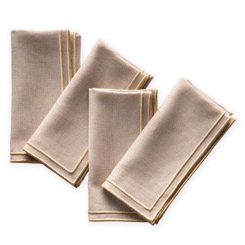 Linen Napkins Set of 4-100% Pure Linen Natural Dinner Napkins with Embroidered Gold Edge 20 x 20 inch - Embroidered Napkins Cloth Washable for Thanksgiving, Fall and Autumn Decor