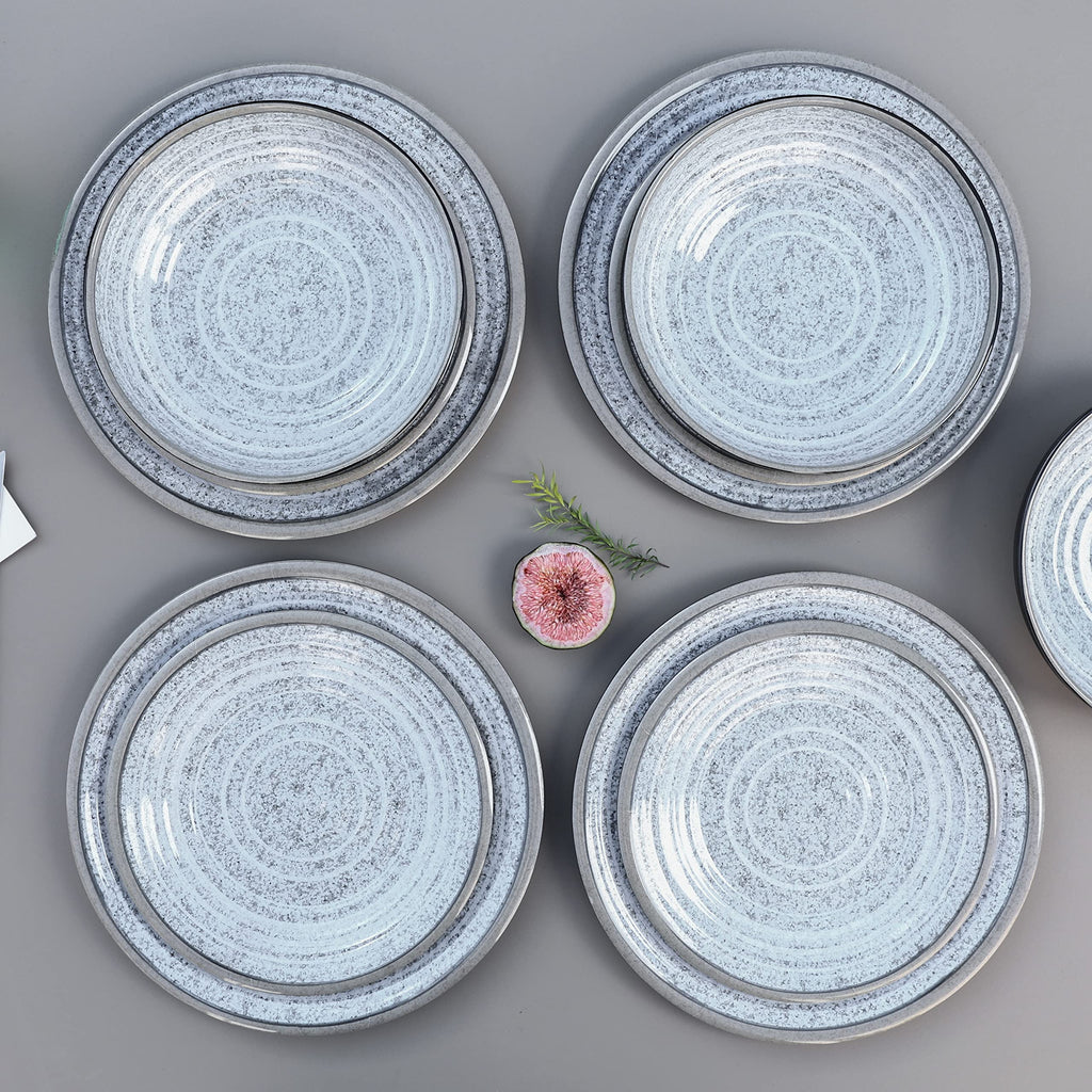 Melamine Dinnerware Sets 12 PCS - Service for 4 Plates & Bowls Sets Dishwasher Top-Shelf Safe, BPA Free Dinner Dishes Set for Everyday Use-Granite Pattern Black Back