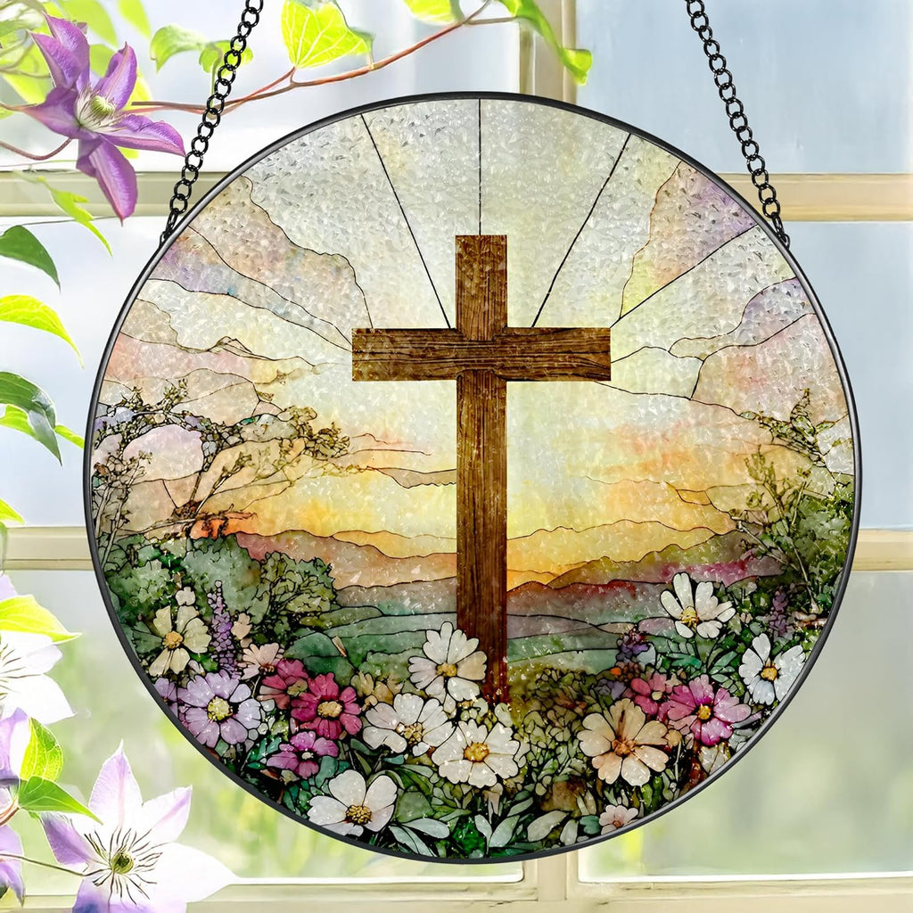 Skiennix 8-Inch Stained Glass Cross Suncatcher - Beautiful Wildflower Design for Home Decor