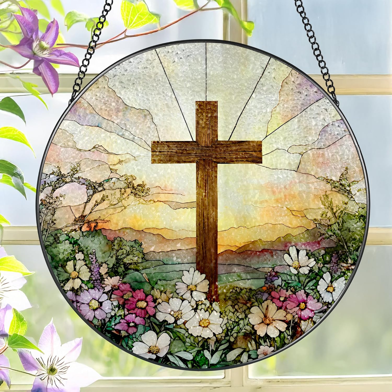 Skiennix 8-Inch Stained Glass Cross Suncatcher - Beautiful Wildflower Design for Home Decor