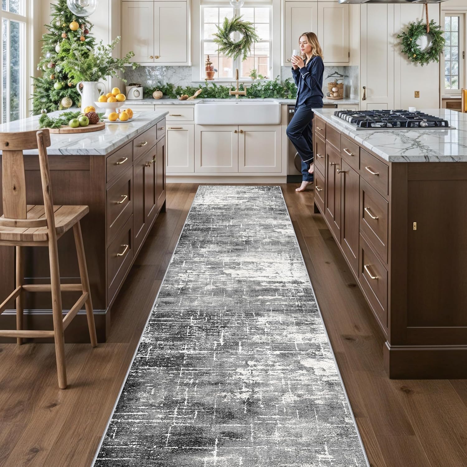 Skiennix Abstract 14ft Long Runner Rug - Non-Slip, Washable, Low-Pile | Soft Black/Grey Indoor Carpet (2'6"x14')