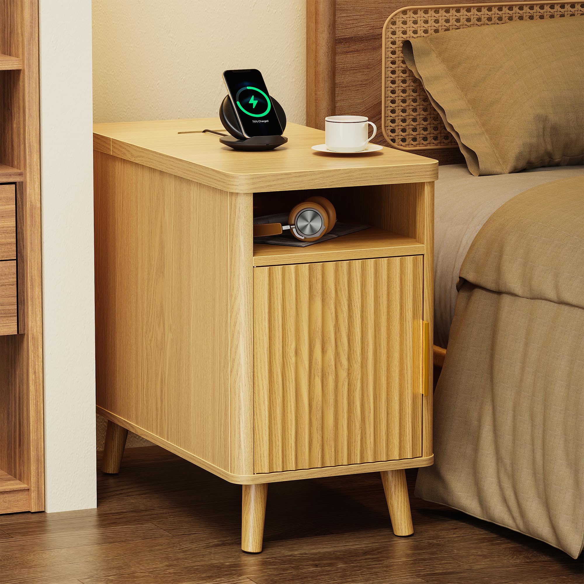 Huuger Narrow End Table with Charging Station, USB-C Port, Fluted Nightstand with Storage Cabinet, Back Rack, Side Table for Small Spaces, 13.4 × 23.6 Inch Night Stand with Storage, Natural