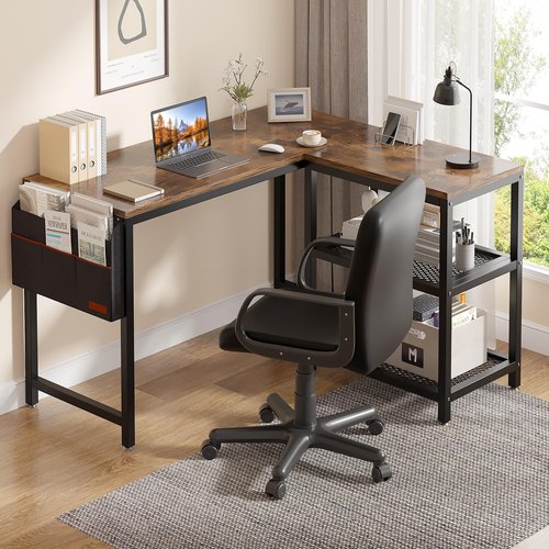 VECELO 49 Inches L Shaped Desk, Computer Desk with Storage Shelves & Bag, Corner Desk Home Office Desks, Writing Desk Study Desk with Metal Frame, Rustic Brown